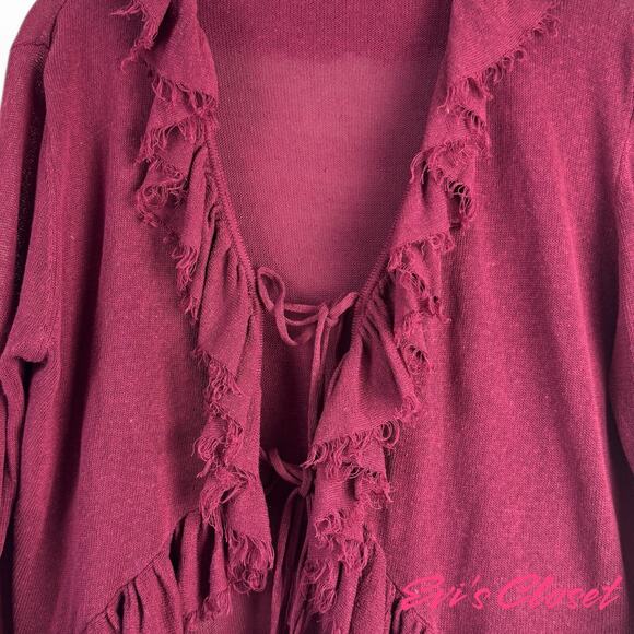 Zara Women's Linen Blend Sz M Burgundy Aubergine Cardigan Top Long Sleeves - Picture 6 of 13